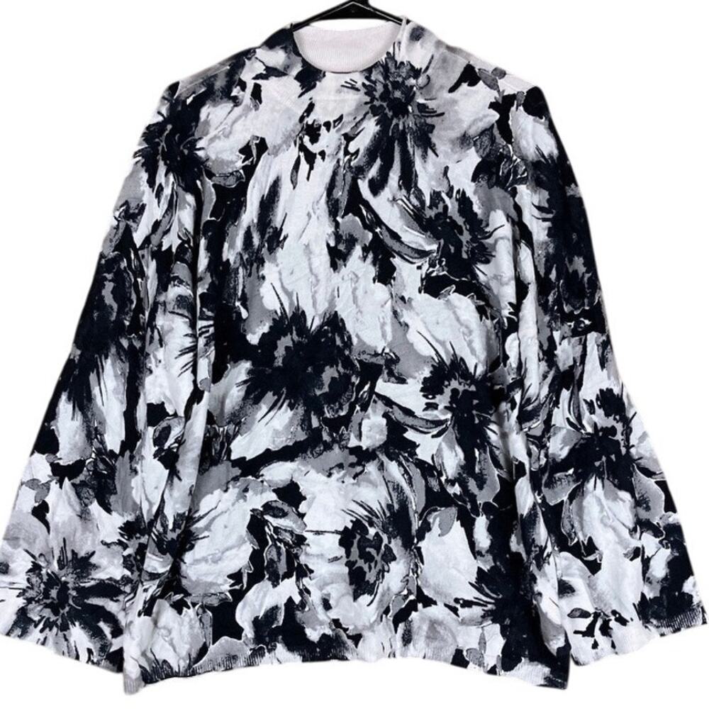 Chicos Womens Sweater Black White Floral Pullover High Neck Long Sleeve 2 (L)